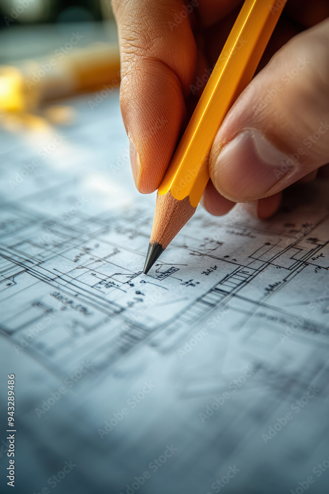 Hand Drawing Blueprints, A close-up image of a hand sketching designs on architectural blueprints using a yellow pencil, showcasing detailed planning and creativity Hand Drawing Blueprints, A close-up image of a hand sketching designs on architectural blueprints using a yellow pencil, showcasing detailed planning and creativity