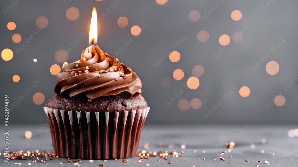 Delicious Tasty Chocolate Cupcake with Rich Chocolate Frosting, burning candle. isolated. bokeh. Perfect for Dessert Lovers, new stock image illustration AI Delicious Tasty Chocolate Cupcake with Rich Chocolate Frosting, burning candle. isolated. bokeh. Perfect for Dessert Lovers, new stock image illustration AI