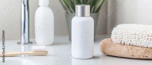 A blank, refillable skincare bottle with a metal cap, placed on a bathroom sink next to a bamboo toothbrush and natural loofah