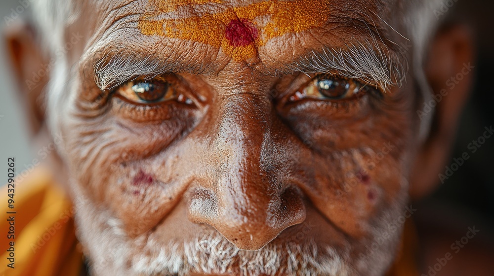 Close-up of an elderly pilgrim's face, with a peaceful expression, traditional markings, and a sacred thread Close-up of an elderly pilgrim's face, with a peaceful expression, traditional markings, and a sacred thread