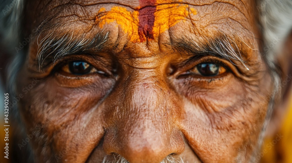 Close-up of an elderly pilgrim's face, with a peaceful expression, traditional markings, and a sacred thread Close-up of an elderly pilgrim's face, with a peaceful expression, traditional markings, and a sacred thread