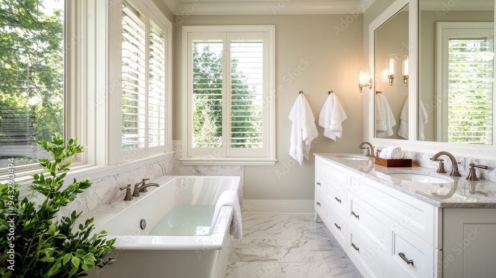 A luxurious bathroom with a soaking tub, double vanity, and marble accents A luxurious bathroom with a soaking tub, double vanity, and marble accents
