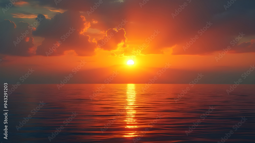 Fototapeta premium Golden sunset over the ocean with red clouds.