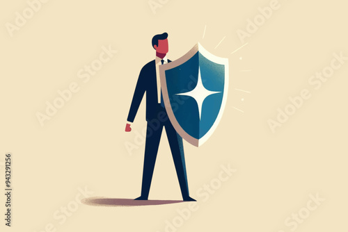Illustration of a Businessman standing on a data graphic while holding a shield, as a symbol of company data security