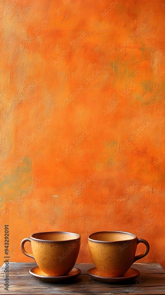 Two Empty Ceramic Coffee Cups on a Wooden Table Against a Textured Orange Wall Two Empty Ceramic Coffee Cups on a Wooden Table Against a Textured Orange Wall
