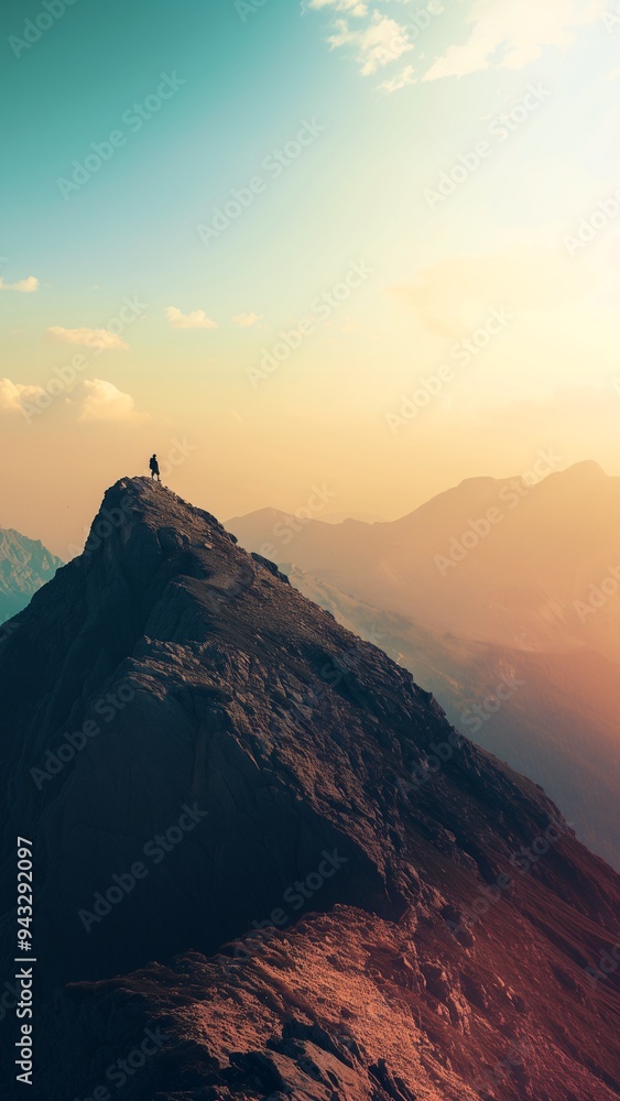 Naklejka premium Sunset Mountain View, Person Standing on Mountain Peak