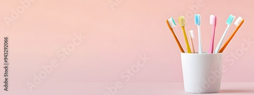 A collection of toothbrushes in various colors and shapes is depicted inside an isolated white cup on a clean background, representing the diversity that comes with using different types of brushes fo