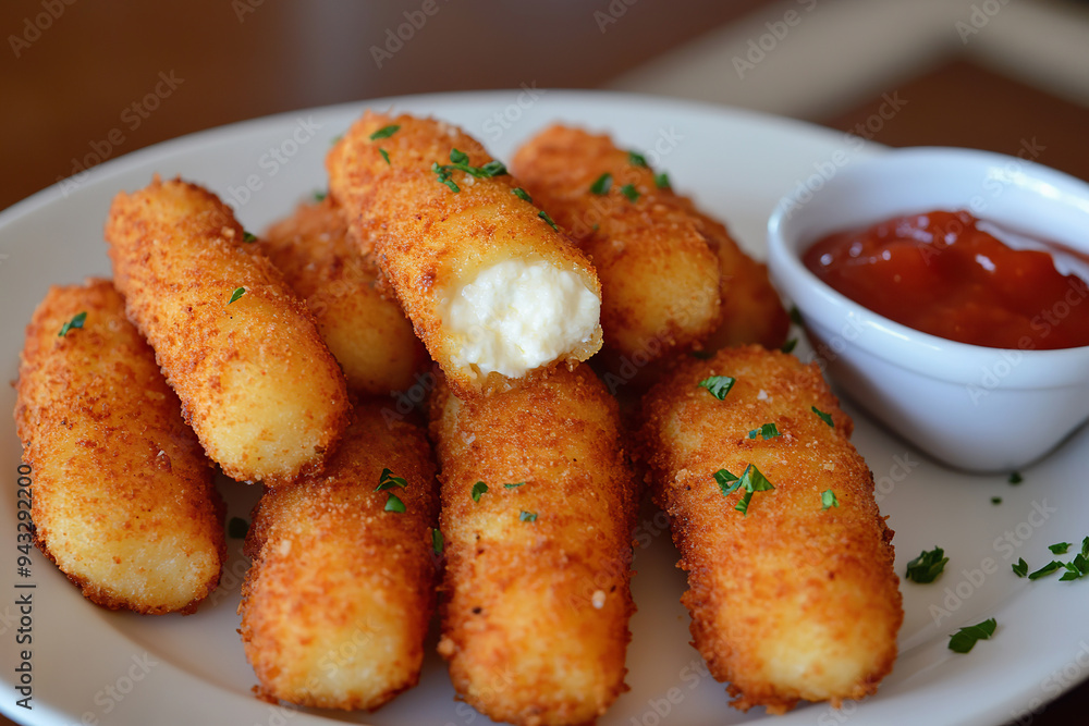 Crispy mozzarella sticks served with dipping sauce on a plate