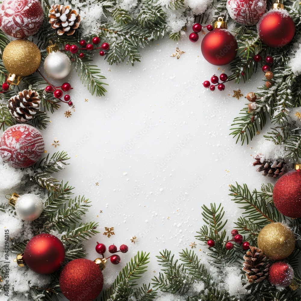 Christmas frame. Snowy fir tree branches with red, gold xmas balls, cones on white, copy space. Christmas frame. Snowy fir tree branches with red, gold xmas balls, cones on white, copy space.