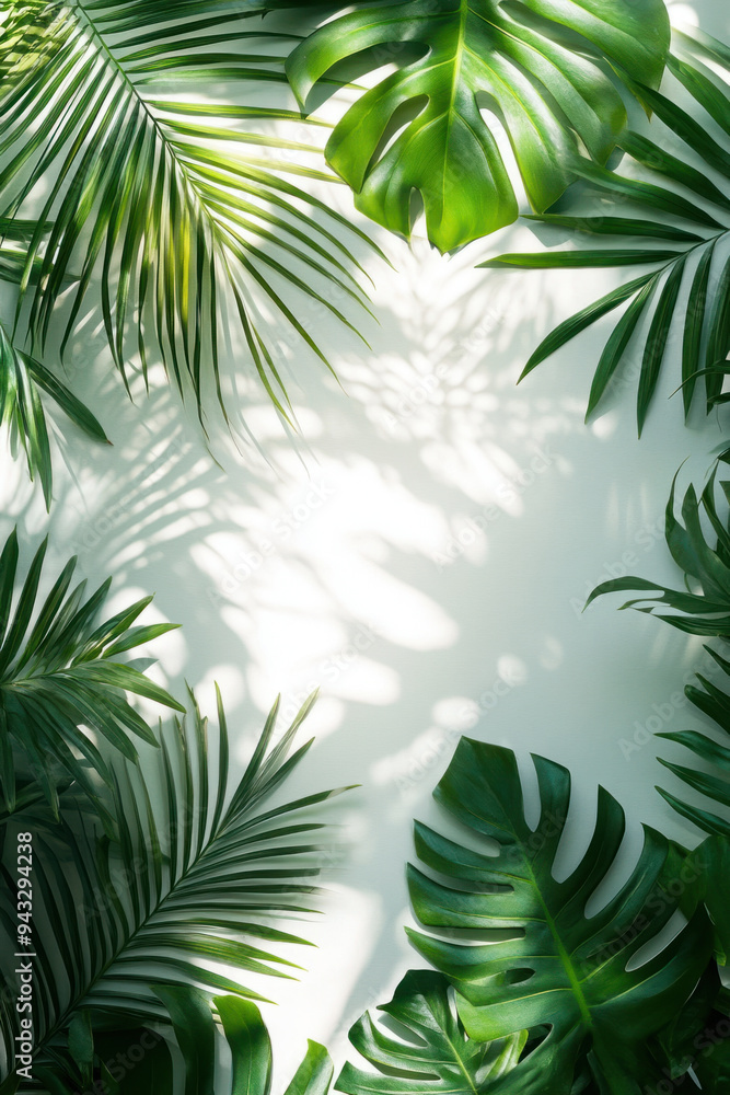 Tropical Leaf Overlay, A design featuring tropical leaves creating a natural shadow effect on a white background, perfect for product display and seasonal themes Tropical Leaf Overlay, A design featuring tropical leaves creating a natural shadow effect on a white background, perfect for product display and seasonal themes