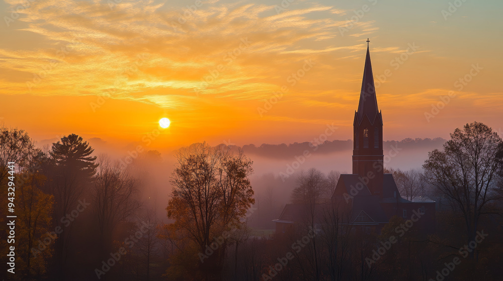 Fototapeta premium A serene sunrise over a church steeple, evoking peace and tranquility. --ar 16:9 --v 6.1 Job ID: 5f81f90d-2eaf-481f-9323-69f611857ac0