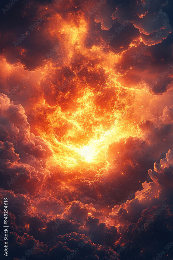 Sky Explosion, A dramatic fiery explosion fills the sky, surrounded by swirling clouds and vibrant flames, creating a powerful and captivating spectacle Sky Explosion, A dramatic fiery explosion fills the sky, surrounded by swirling clouds and vibrant flames, creating a powerful and captivating spectacle