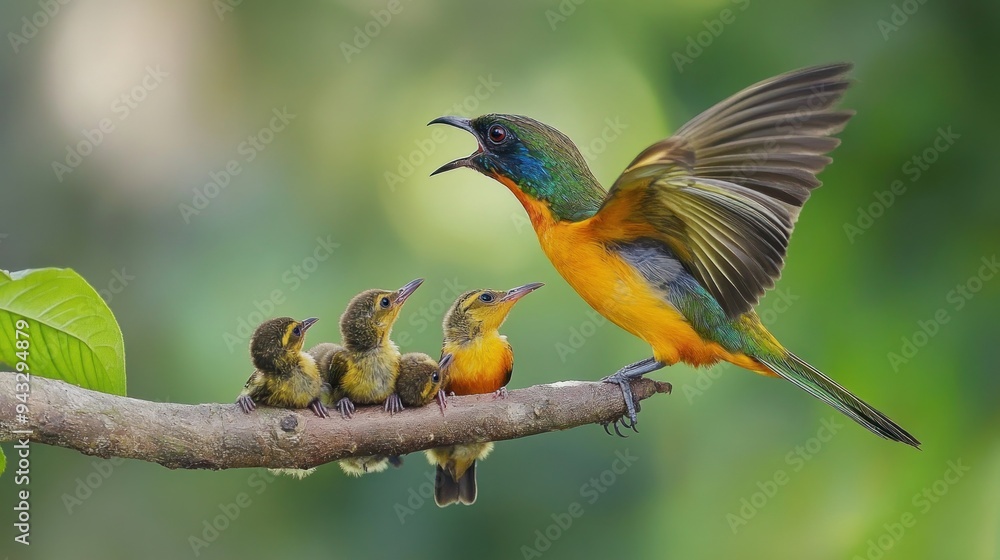 Fototapeta premium A Mother Bird Feeding Her Young on a Branch