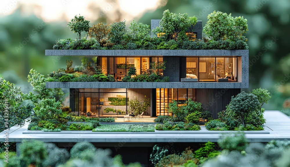 modern building with green plants on the roof, surrounded by urban trees and green spaces, depicted in an architectural blueprint. modern building with green plants on the roof, surrounded by urban trees and green spaces, depicted in an architectural blueprint.