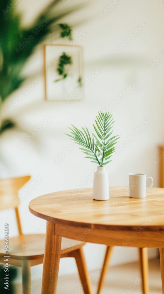 Fototapeta premium A small white vase with palm leaves and a white cup sit on a wooden table in a soft-focus minimalist interior.