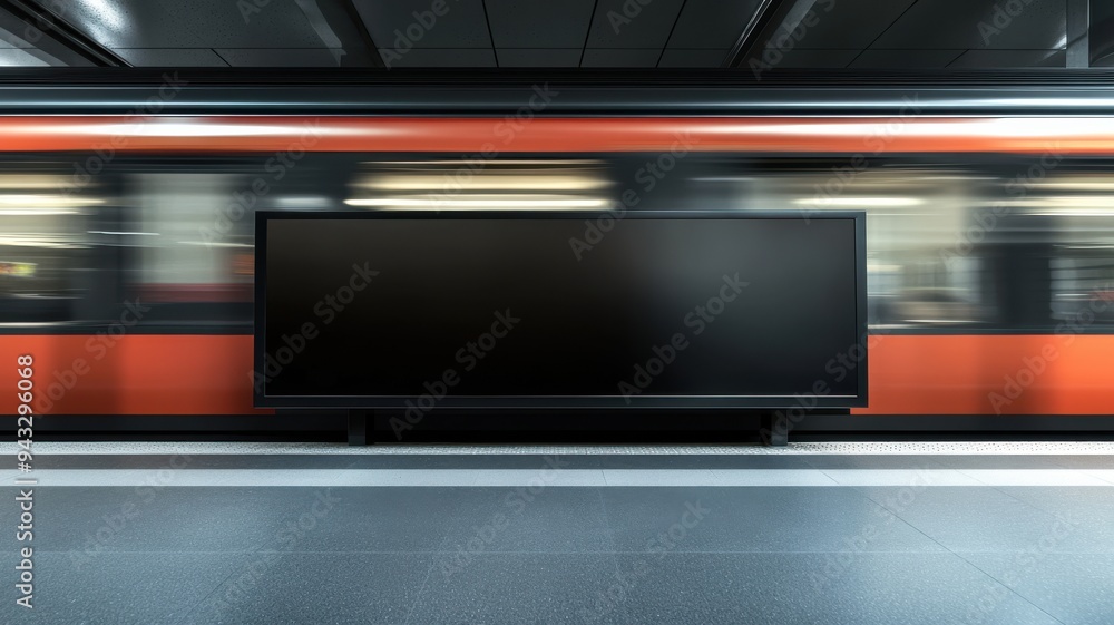 Sleek black advertising banner on metro platform, positioned next to the train entrance, highly visible to passengers, train in motion blurred to convey speed, energetic urban setting Sleek black advertising banner on metro platform, positioned next to the train entrance, highly visible to passengers, train in motion blurred to convey speed, energetic urban setting
