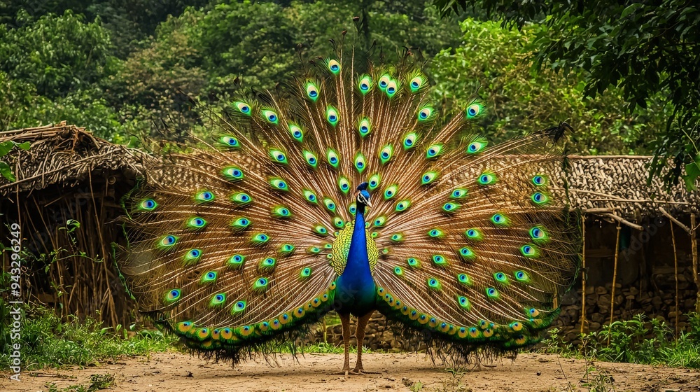 Obraz premium A peacock displaying its vibrant feathers in a rural Indian village, surrounded by lush greenery