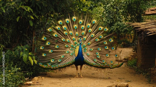 A peacock displaying its vibrant feathers in a rural Indian village, surrounded by lush greenery photo