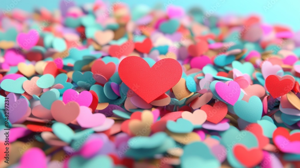 Obraz premium A large collection of colorful paper hearts scattered across a surface, creating a vibrant and playful display of love and celebration.