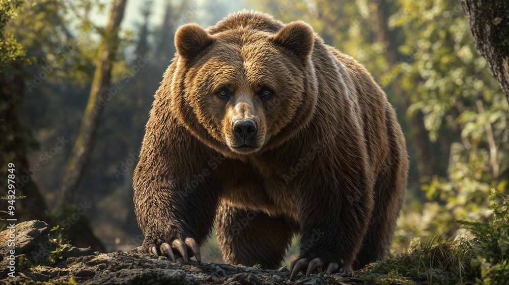A large brown bear is slowly walking through the dense woods A large brown bear is slowly walking through the dense woods