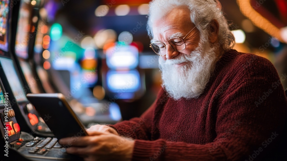 Smiling Senior Man Playing on Slot Machine, Enjoying Retirement at Casino, Gambling Entertainment Smiling Senior Man Playing on Slot Machine, Enjoying Retirement at Casino, Gambling Entertainment