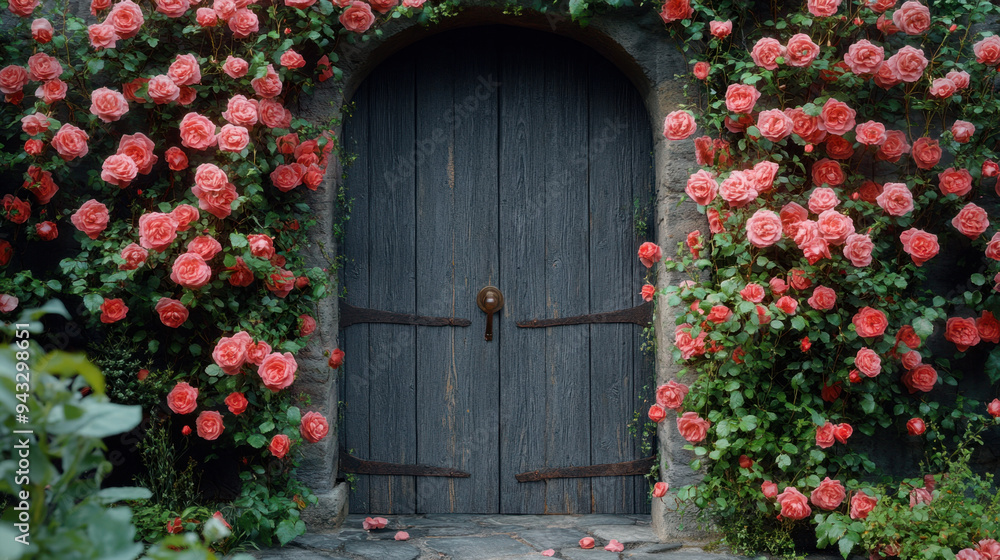 Rose-covered Door, A large wooden door painted grey, adorned with beautiful climbing roses that enhance its rustic charm and natural beauty Rose-covered Door, A large wooden door painted grey, adorned with beautiful climbing roses that enhance its rustic charm and natural beauty