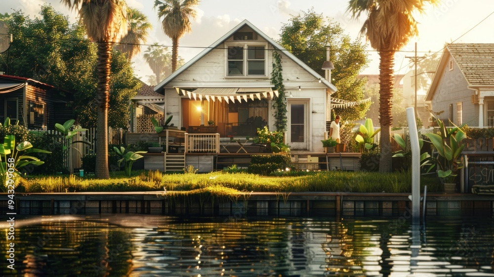 Obraz premium Charming Waterfront Cottage with Palm Trees