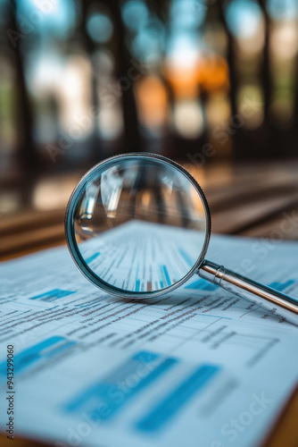 Magnifying Glass Analysis, A magnifying glass on a document reveals important data trends, perfect for research, analysis, and business presentations