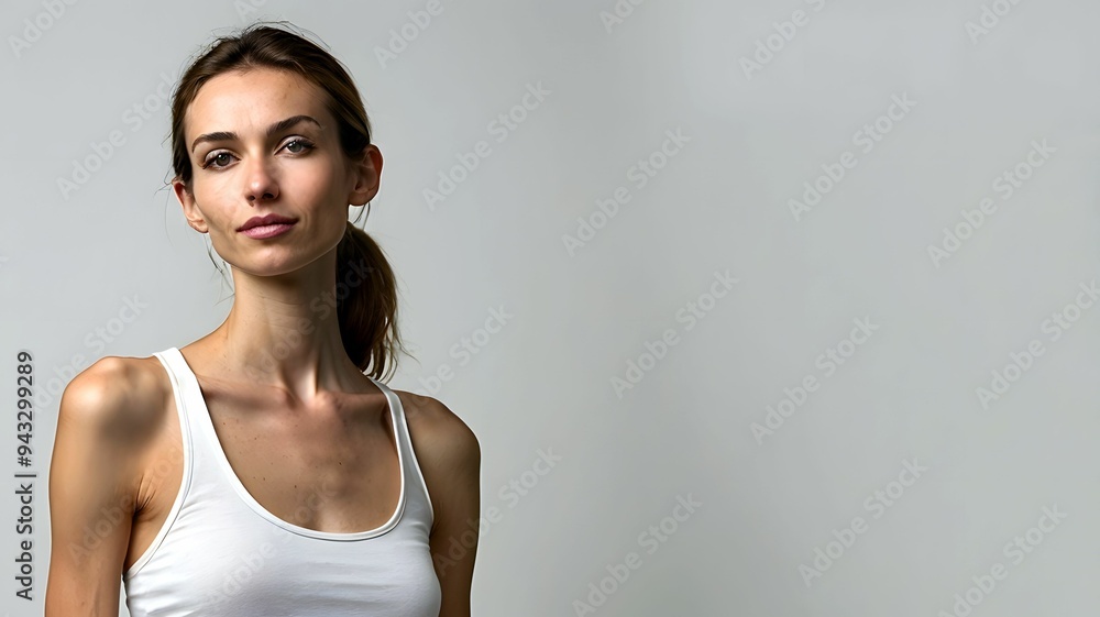 Very skinny , very thin young woman with underweight on white background - woman with very slim body wearing tank top Very skinny , very thin young woman with underweight on white background - woman with very slim body wearing tank top