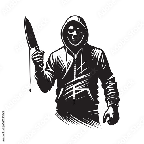 Horror Clipart - Halloween Horror  Silhouette -  Serial Killer With A Bloody Knife Illustration in black and white