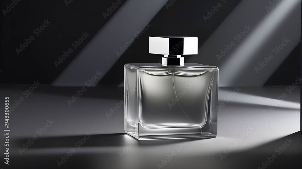 A luxurious, transparent perfume bottle isolated on deep silver and black matte background. A luxurious, transparent perfume bottle isolated on deep silver and black matte background.