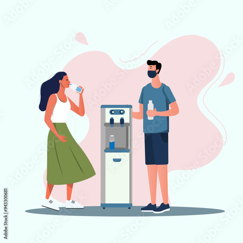 Women and men drinking water near a water filter  Flat art vector illustration design.