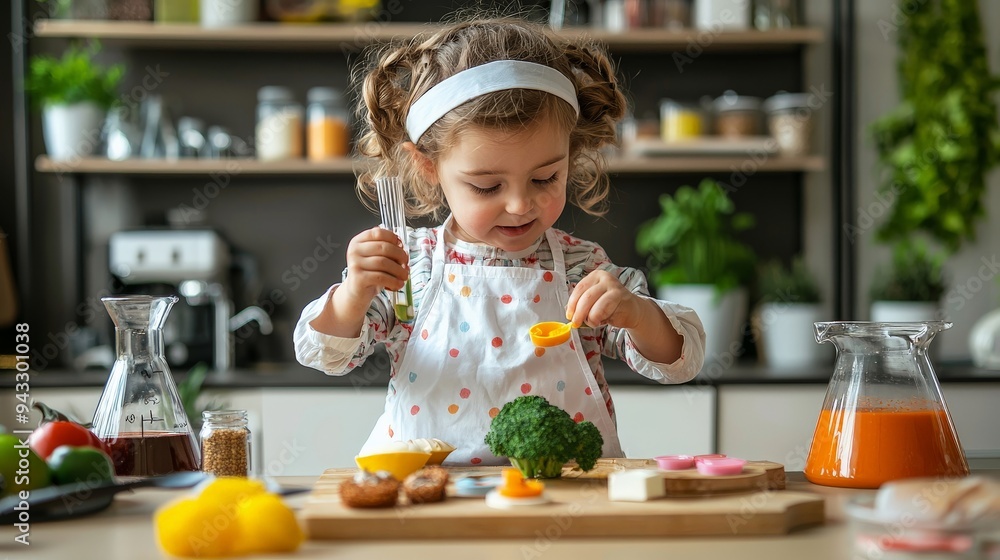 A child playing the role of a food scientist, experimenting with toy food and ingredients in a pretend lab