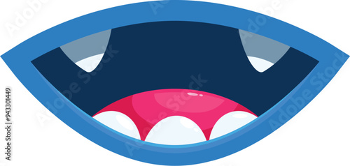 Cartoon mouth with sharp teeth and pink tongue is smiling on white background