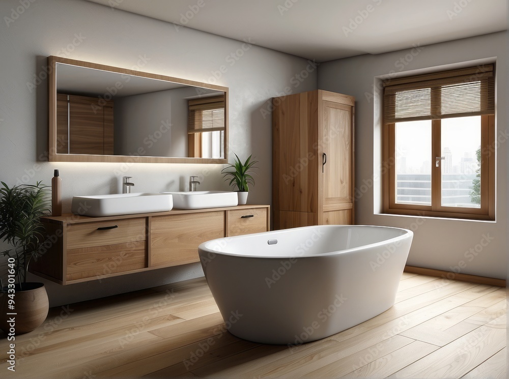 Modern Bathroom with Double Sinks, Bathtub, and Wooden Cabinets Modern Bathroom with Double Sinks, Bathtub, and Wooden Cabinets
