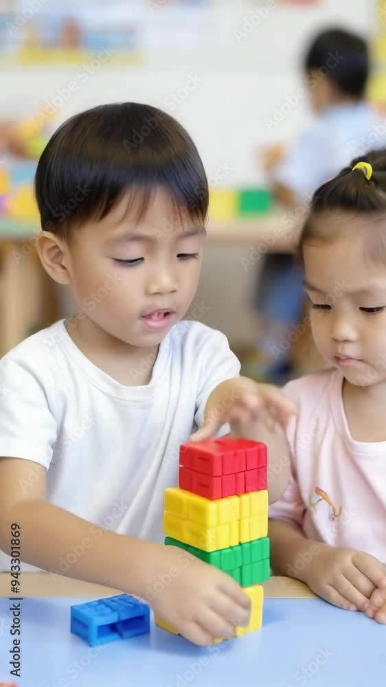 Kindergarten asian children sitting on the floor, happily playing with colorful blocks. Kindergarten asian children sitting on the floor, happily playing with colorful blocks.