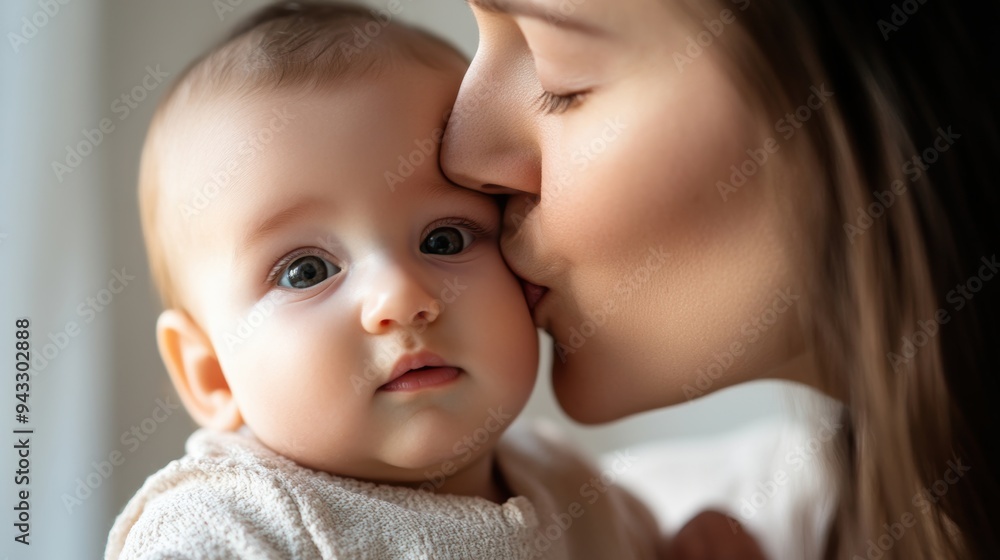 A mother lovingly kisses her baby's cheek, capturing a tender and intimate moment of affection and connection. A mother lovingly kisses her baby's cheek, capturing a tender and intimate moment of affection and connection.