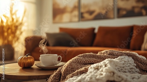 Cozy Autumn Room with Warm Blanket, Tea, and Elegant Fall Decor