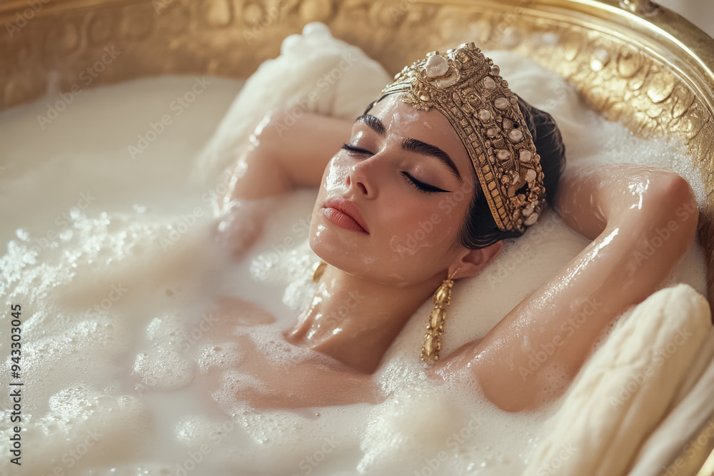 Legendäre Ägyptische Königin, Kleopatra badet in Milch, Generative AI