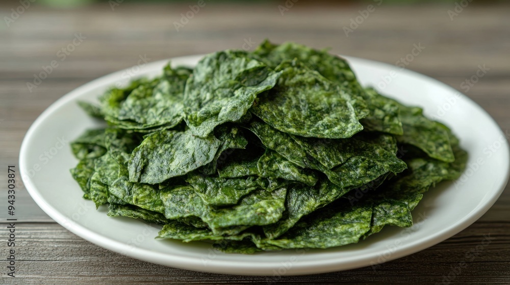 Crispy Green Spinach Chips on a White Plate Crispy Green Spinach Chips on a White Plate