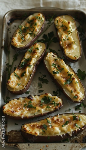 Twice Baked Stuffed Potato Skins with Potatoes, Parsley, Cheese, Healthy Dinner Food, Appetizer photo