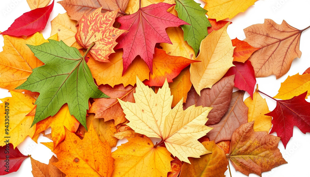 Fototapeta premium Pile of Autumn Colored Leaves Isolated on White Background