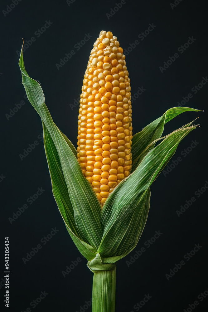 Fresh Corn Cob,  A single ear of corn with its husk partially peeled back, revealing the vibrant kernels inside, ideal for culinary and agricultural photography
