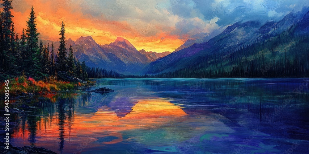 Mountain lake sunset reflection art. Mountain lake sunset reflection art.