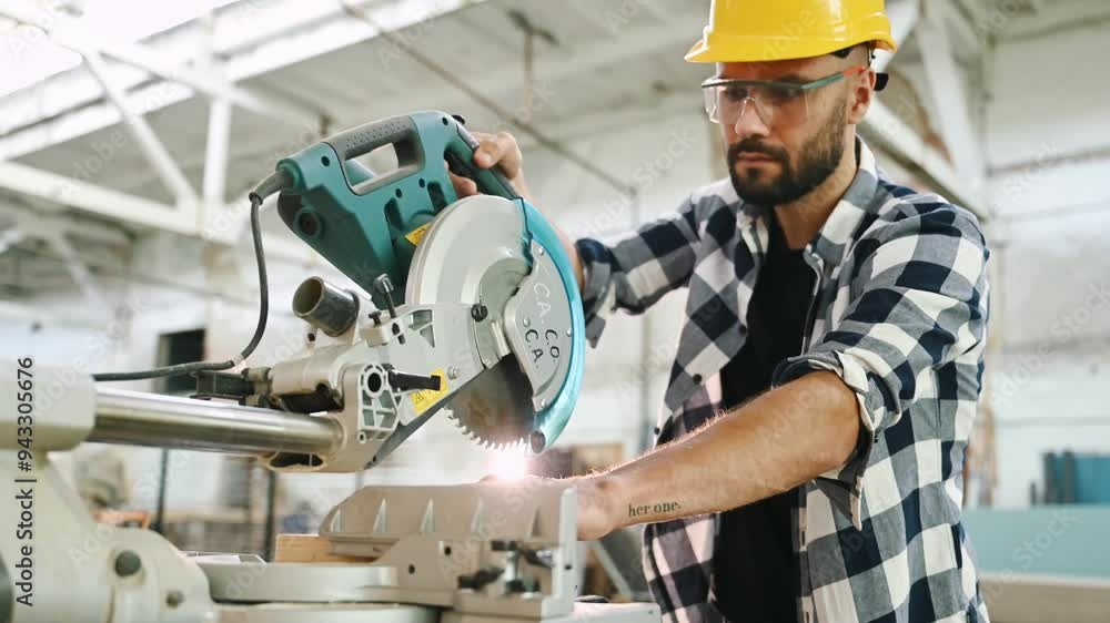 Process of cutting the wood. Industrial worker in warehouse. Process of cutting the wood. Industrial worker in warehouse.