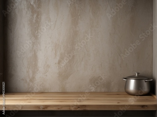 Silver Pot on Wooden Shelf Against Beige Wall