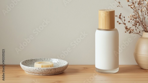 A blank pump bottle for liquid skincare, made from bamboo and glass, placed on a wooden vanity next to a ceramic soap dish photo