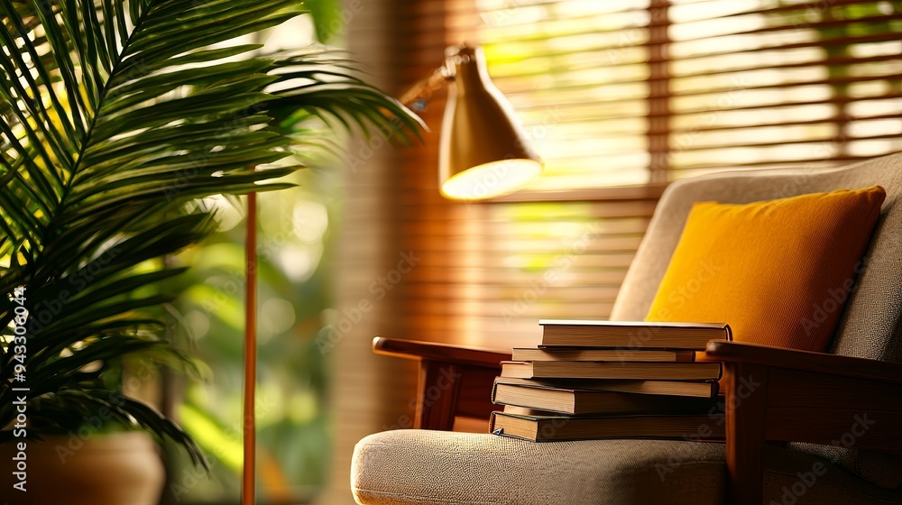 Fototapeta premium A cozy reading corner with a comfortable armchair, a floor lamp, and a bookshelf
