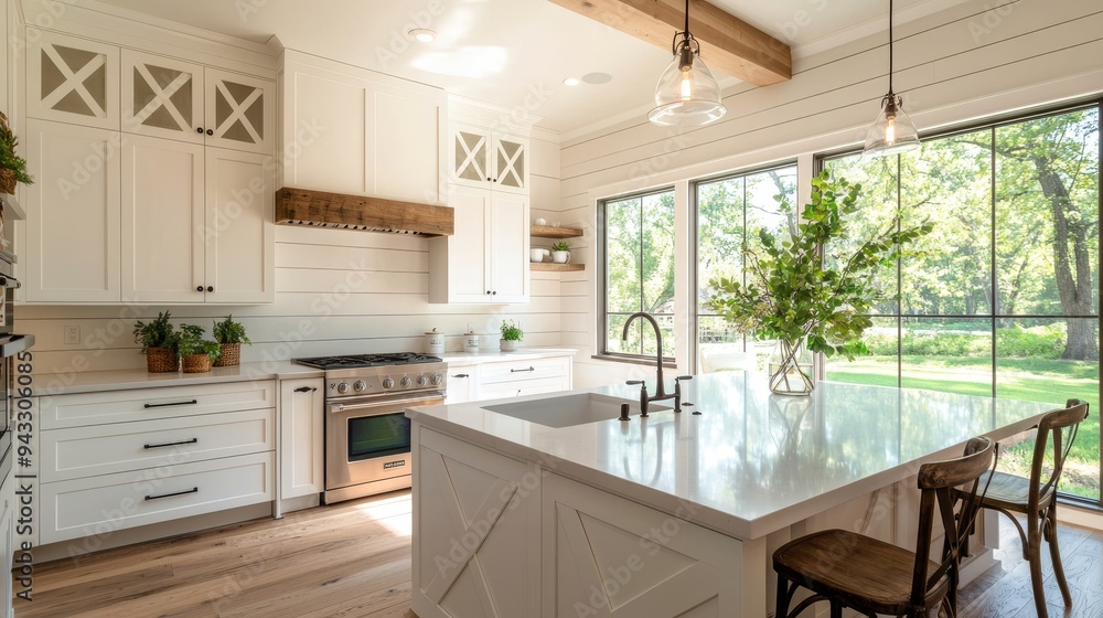 A farmhouse-style kitchen with shiplap walls, an apron-front sink, and a large island A farmhouse-style kitchen with shiplap walls, an apron-front sink, and a large island