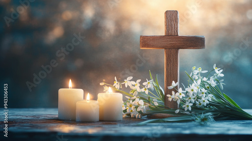 A wooden cross with snowdrop flowers and candles on a table, set against a blurred abstract background, symbolizing faith and various religious observances like Easter, Palm Sunday, and Lent.  photo